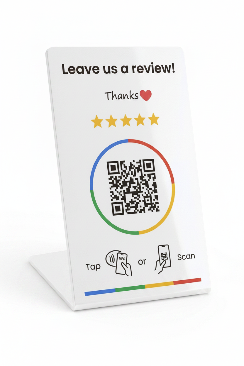 Google értékelésszerző kártya talpas NFC és QR (fehér)